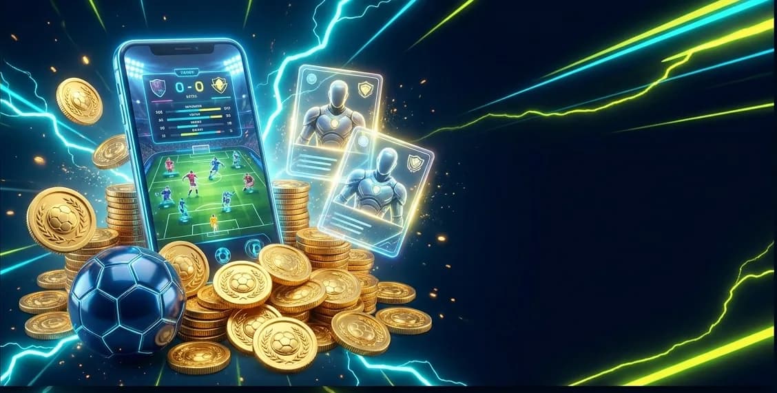کوین‌های طلایی eFootball کنار گوشی موبایل و کارت بازیکن‌ها
